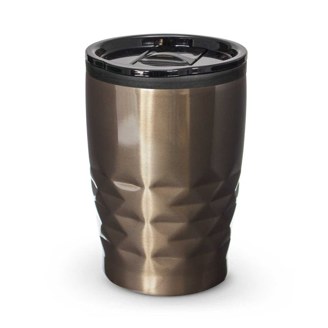 A drink bottle in a metallic bronze finish with a black lid and textured diamond pattern. It features a logo.