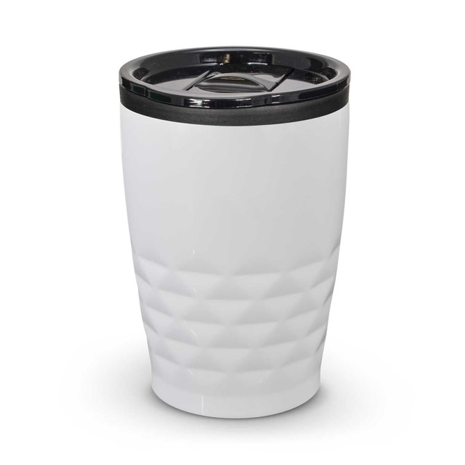 A white drink bottle with a textured design and a black lid, featuring a logo.