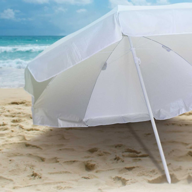 A Bahama Beach Umbrella featuring a large white canopy and a sturdy white pole, ideal for providing shade.