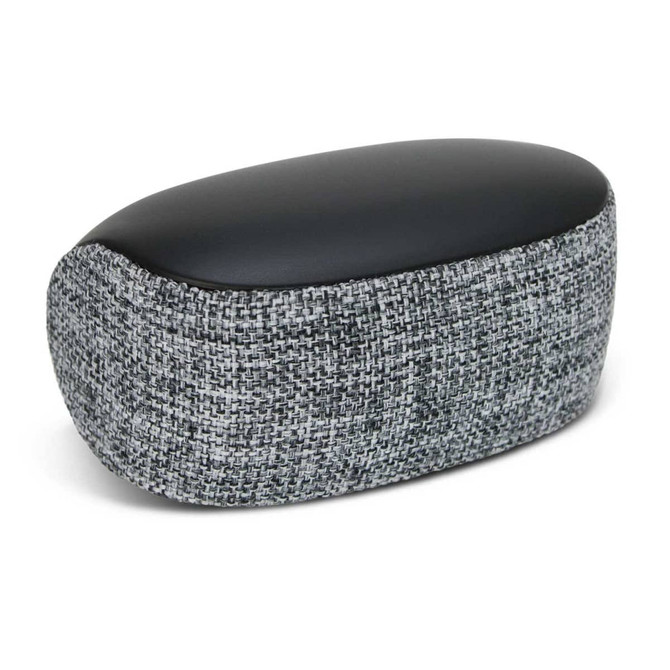 A Bluetooth speaker with a rounded black top and a textured grey fabric base, featuring a subtle logo.