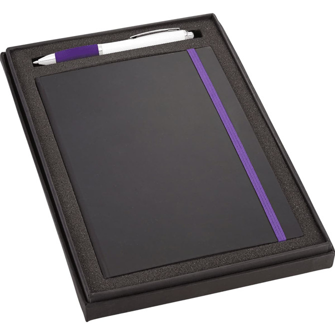 A black gift set featuring a JB1001 journal with a purple elastic band and a silver Nash pen, presented in a neat box.
