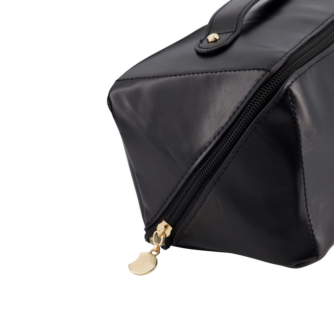 A black toiletry bag with a geometric design and a gold zipper detail, featuring a handle for easy carrying.