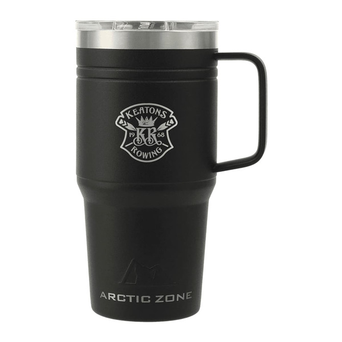 A drink bottle in matte black with a handle, featuring a branding logo and a transparent lid.