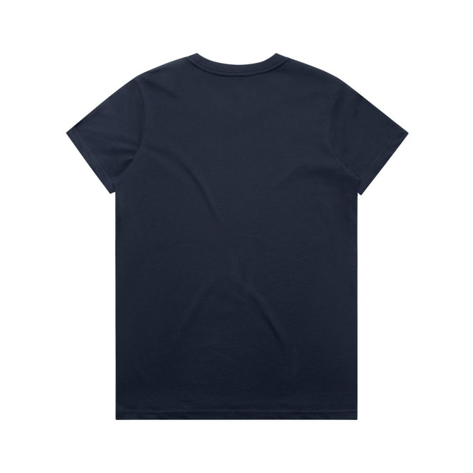 A navy blue t-shirt featuring a plain back design and a logo on the neck area.