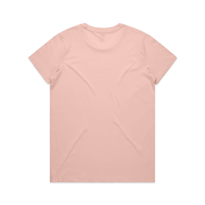 A light pink T-shirt with a round neck and short sleeves, featuring a plain back and a branding logo.