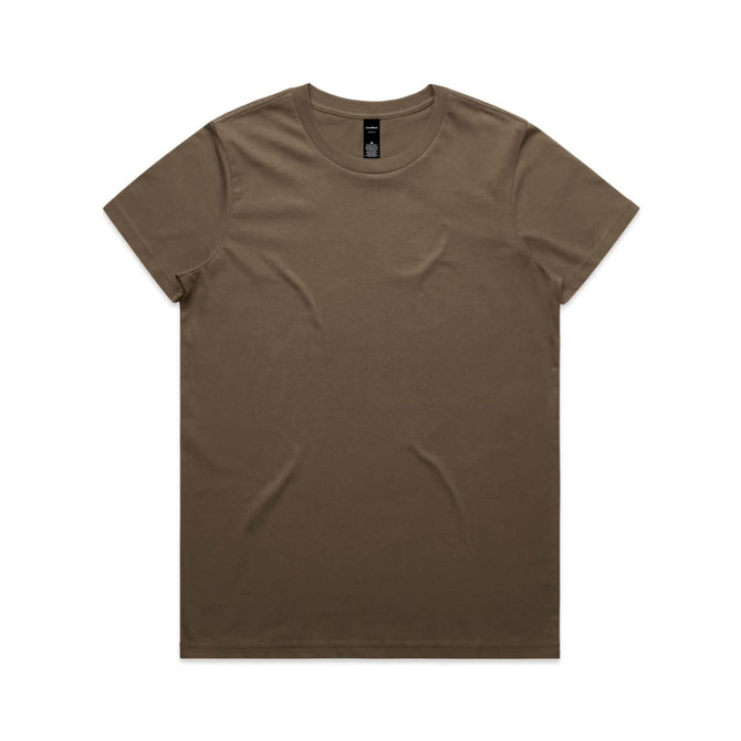 A brown t-shirt with a round neck and short sleeves, featuring a logo on the label.