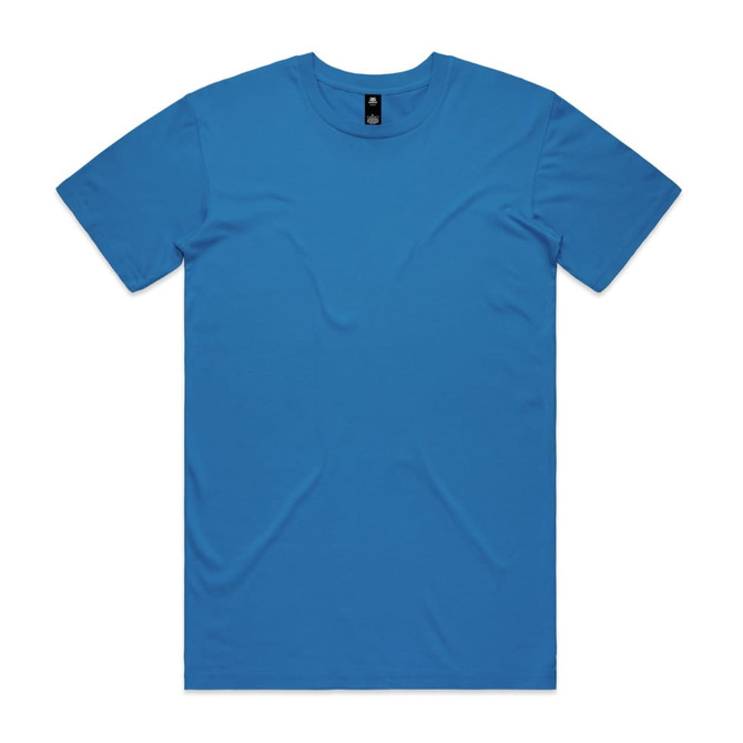 A blue T-shirt with short sleeves and a round neckline, featuring a logo on the tag.
