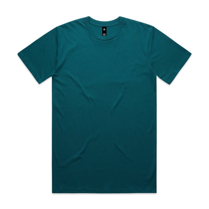 A teal t-shirt with a round neckline and short sleeves, featuring a branding label on the inside.
