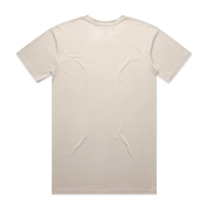 A beige t-shirt with a plain design and no visible branding, viewed from the back.