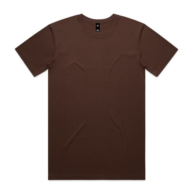 A brown t-shirt with short sleeves and a round neckline, featuring a logo on the tag.