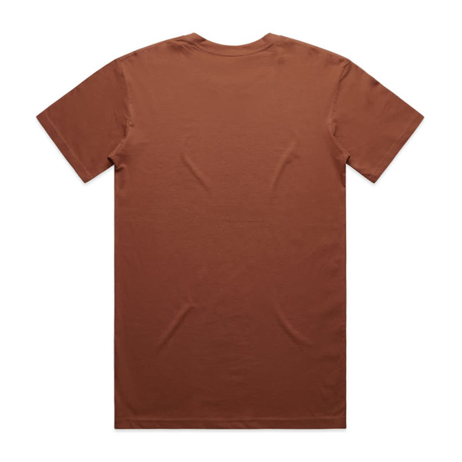 A brown T-shirt with short sleeves and a round neckline, featuring a logo on the back.