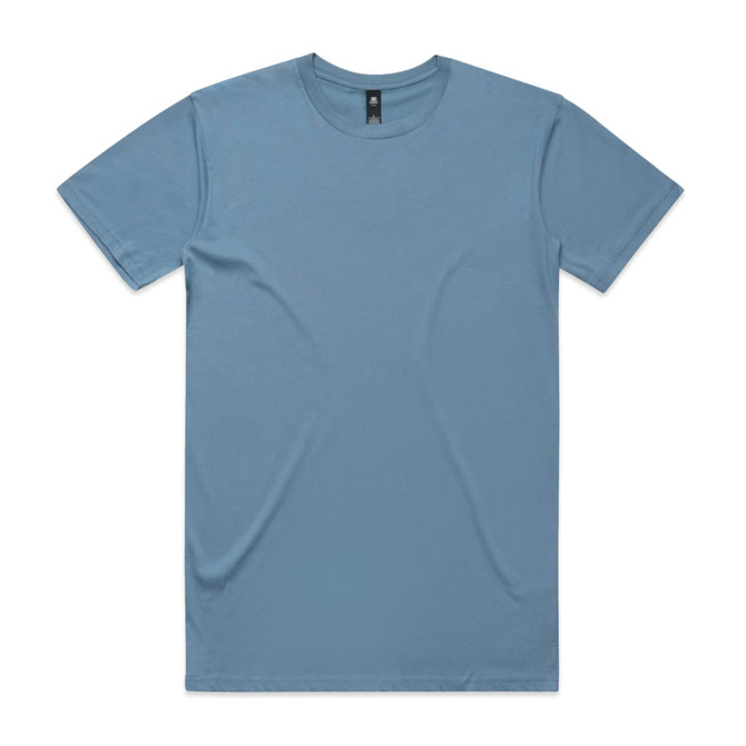 A light blue T-shirt with short sleeves and a tag. The shirt has a plain design and features a logo.