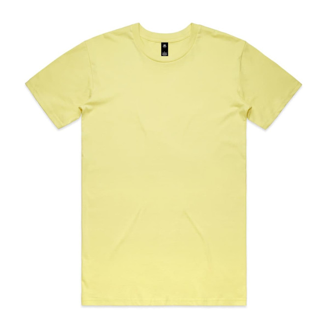 A plain yellow T-shirt featuring a crew neck and short sleeves, with a logo on the label.