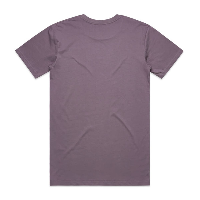 A plain purple T-shirt featuring a round neck and short sleeves, with a logo on the back.