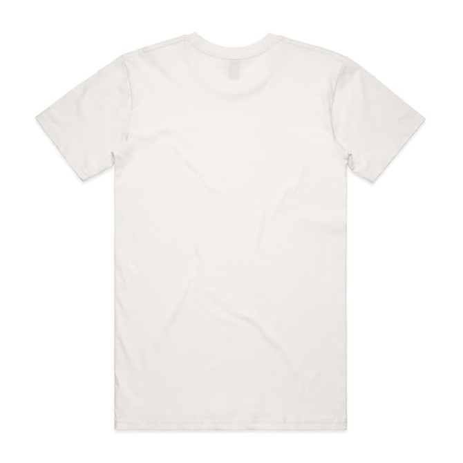 A plain white t-shirt with a crew neck and short sleeves, featuring a logo on the back.
