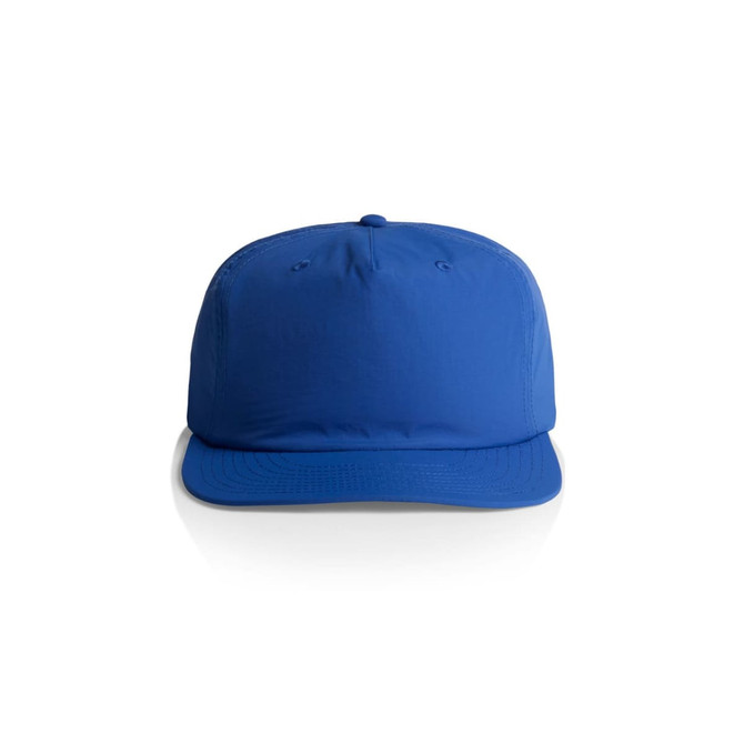 A blue cap with a structured front and a brim, featuring a logo on the front.