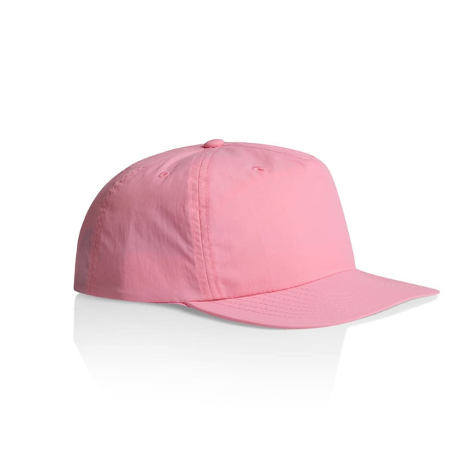 A pink cap featuring a structured design and a logo on the front, ideal for headwear.