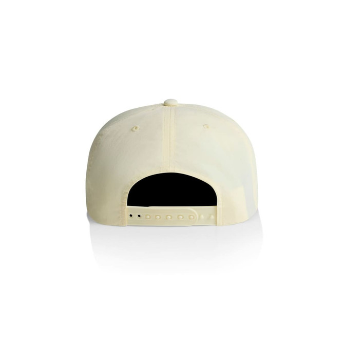 A pale yellow cap featuring a logo on the back with an adjustable strap.