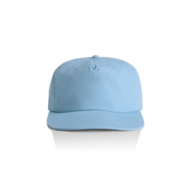 A light blue cap featuring a structured design and a logo on the front. Ideal for casual wear or outdoor activities.