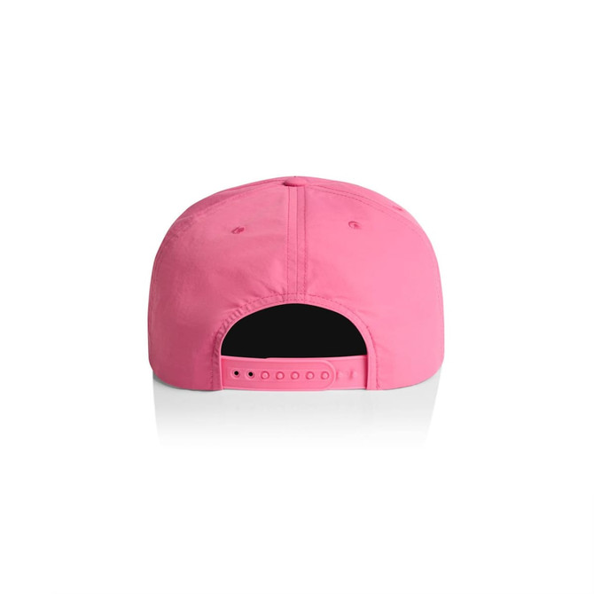 A pink cap with a flat brim and an adjustable strap at the back. It features a logo on the side.