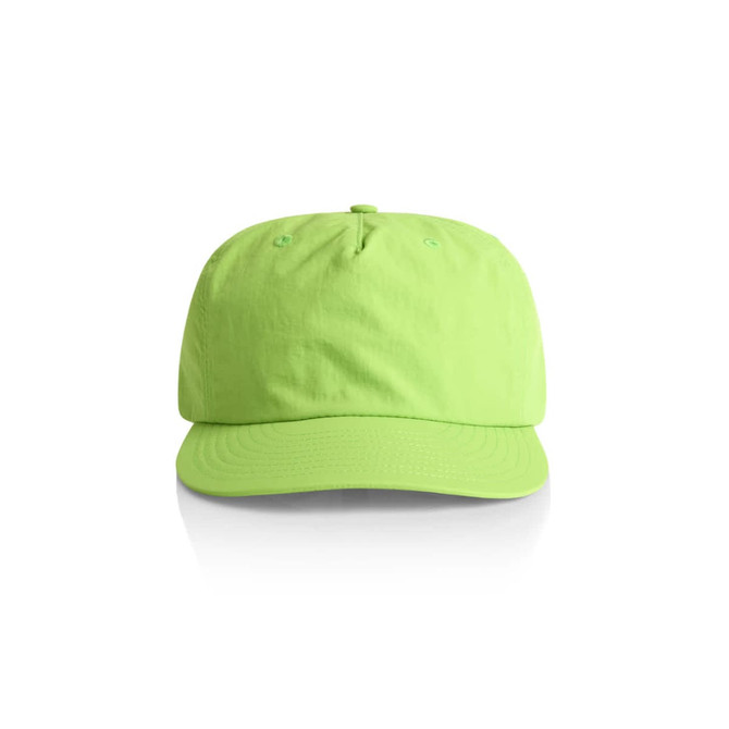 A bright green cap with a curved brim and a logo on the front.