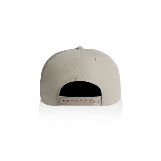 A light grey cap with a plastic adjustable strap at the back, featuring a logo.
