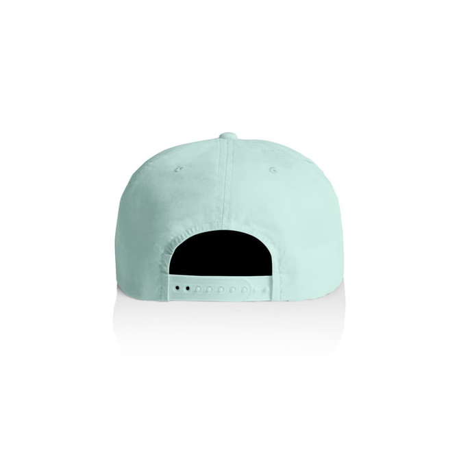 A mint green cap featuring an adjustable strap at the back and a logo on the side.