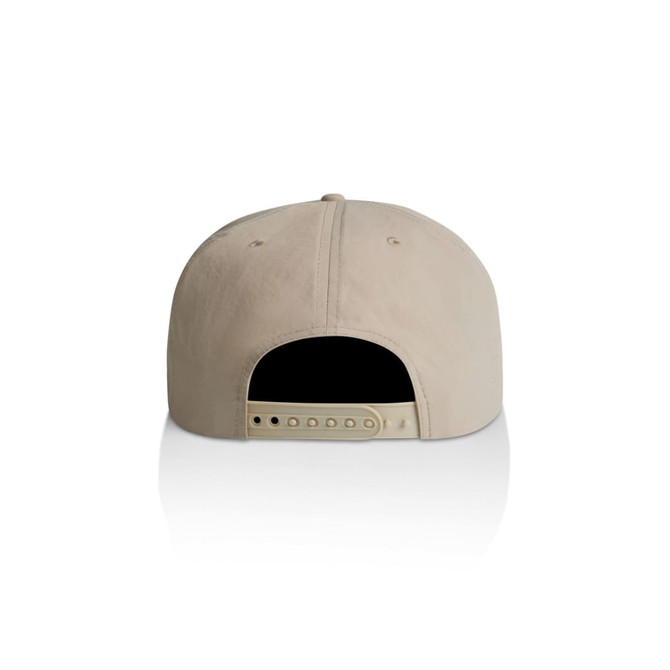 A beige cap with an adjustable strap at the back, featuring a logo. Suitable for casual wear.