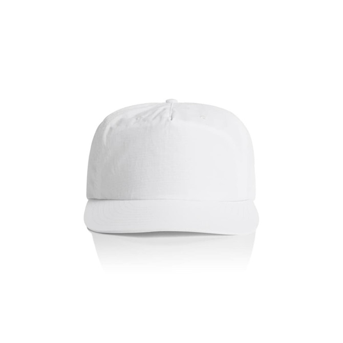 A white cap with a flat brim and a logo on the front. The design is simple and clean.