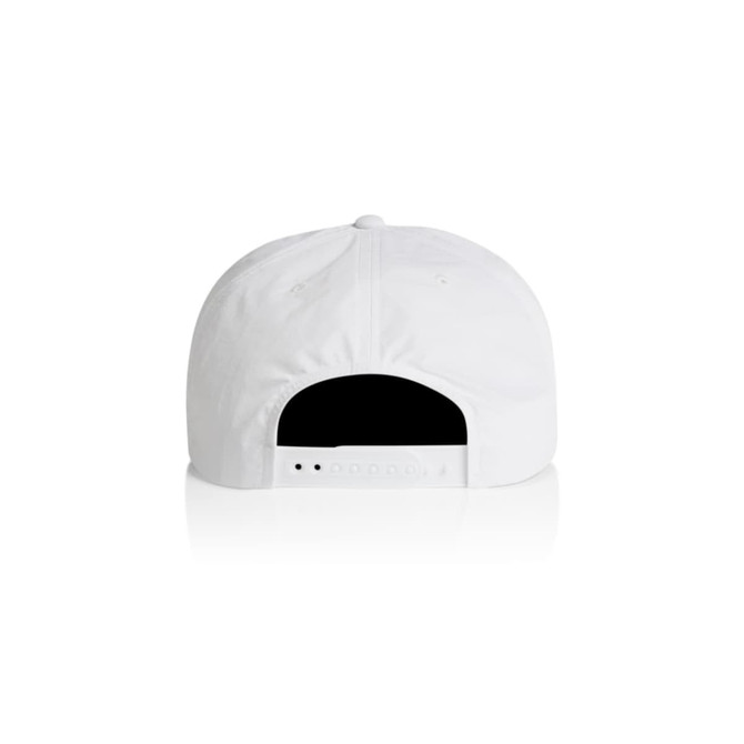A white cap with a flat brim and adjustable strap at the back, featuring a logo.