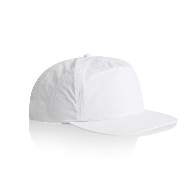 A white Surf Cap featuring a structured design and a curved brim, with a small logo on the side.
