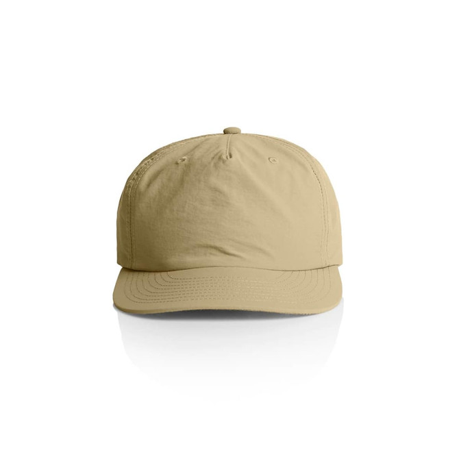 A beige cap featuring a curved brim and a back adjustable strap, with a logo on the front.
