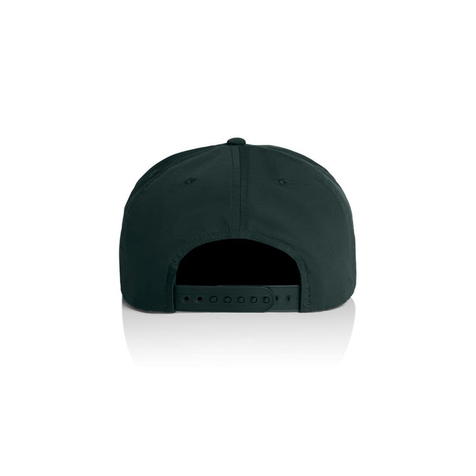 A black cap with a rear adjustable strap and a logo. The design features a smooth finish and a sporty appearance.