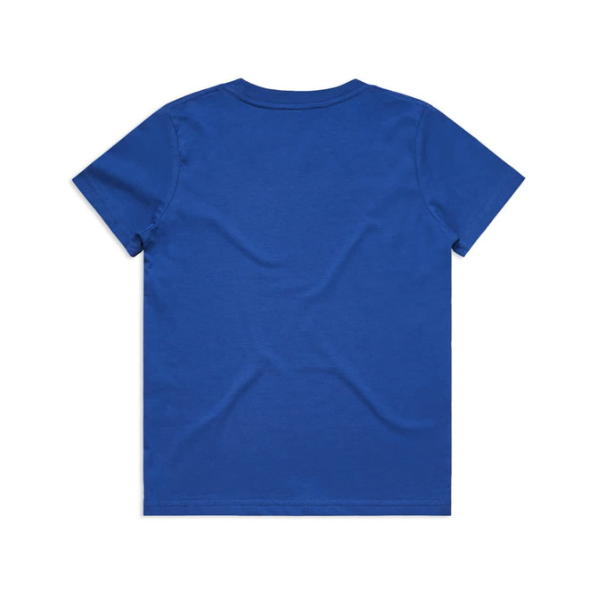 A blue youth staple tee with a plain back and short sleeves, featuring a logo.