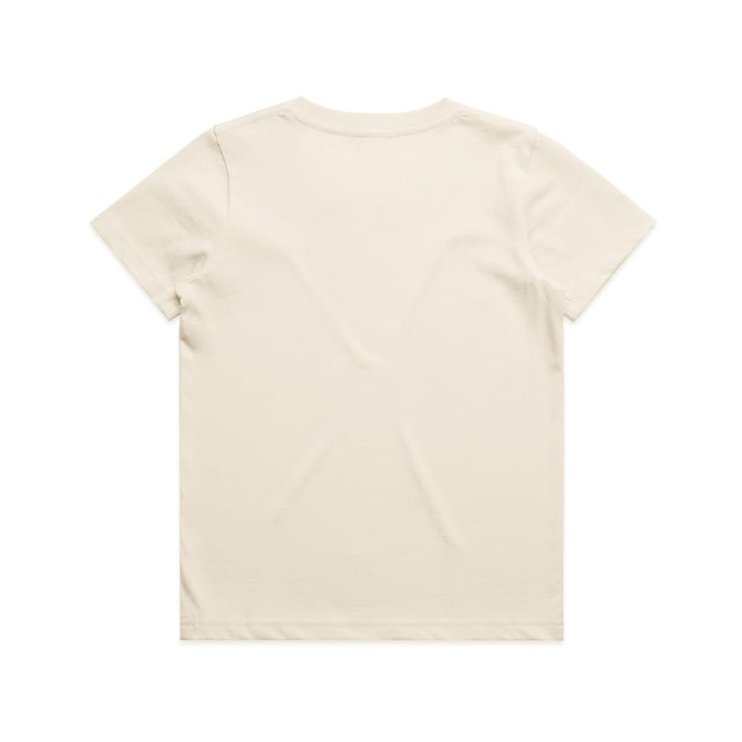 A plain cream youth staple T-shirt with a classic crew neck and short sleeves. It features a logo on the back.