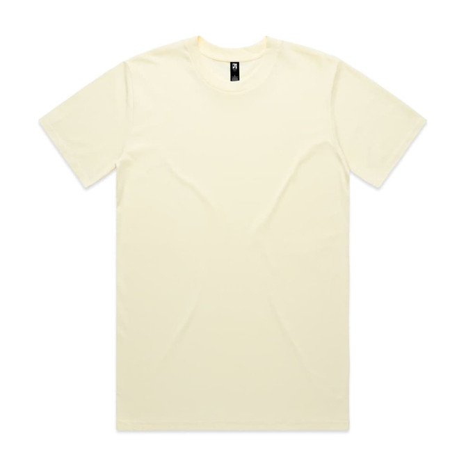 A plain yellow t-shirt featuring a crew neckline and short sleeves, with a logo at the neckline.
