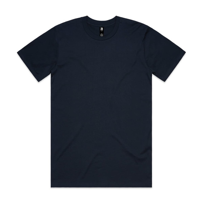 A navy classic tee featuring a round neck and short sleeves. It has a logo on the label.