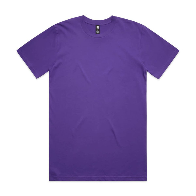 A plain purple T-shirt with a round neck and short sleeves, featuring a logo at the neckline.