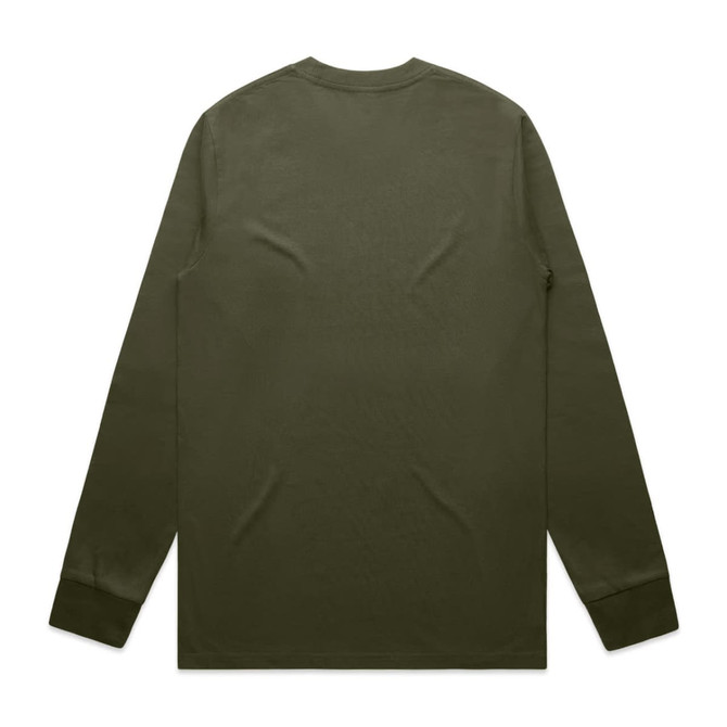 A long-sleeve green T-shirt with a plain back and snug cuffs, featuring a logo.