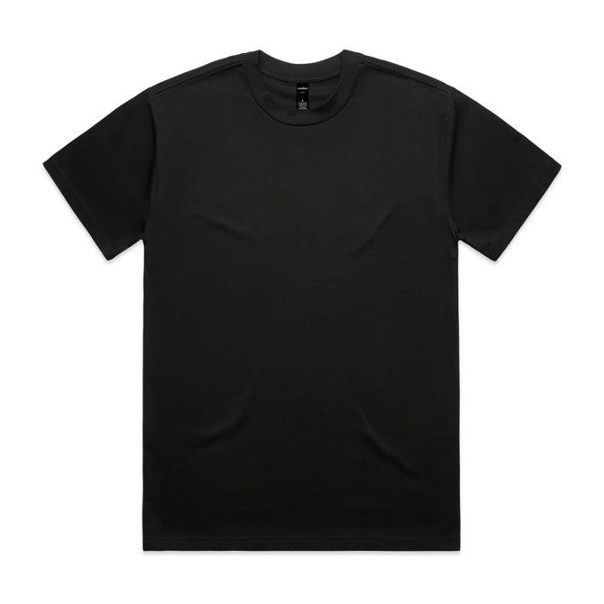 A plain black T-shirt with a simple design and a logo on the label. Suitable for casual wear.
