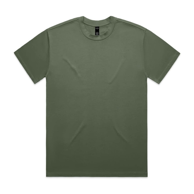 A heavy olive green T-shirt with a classic crew neck and short sleeves. Features a label inside.
