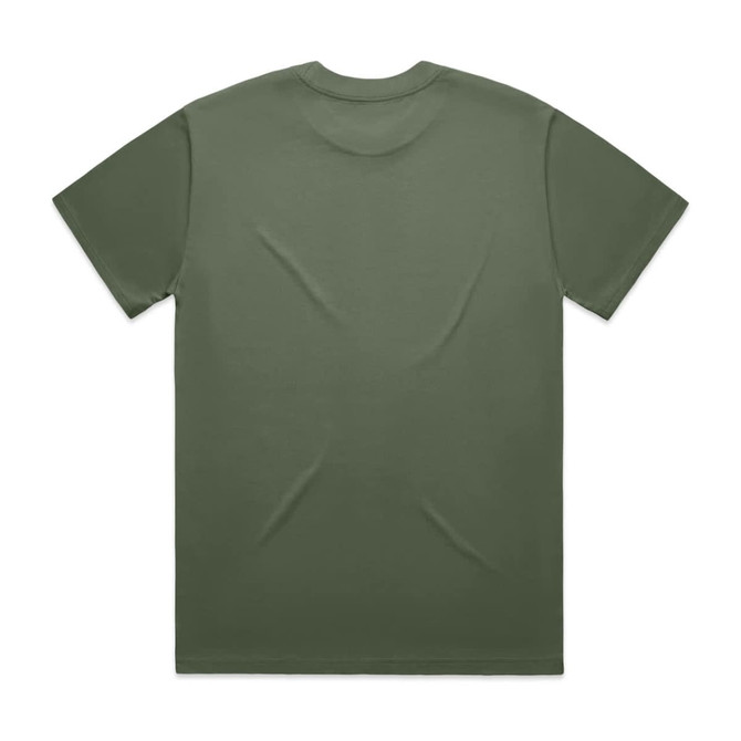 A green Heavy Tee T-shirt with a plain back and short sleeves, featuring a logo on the back.