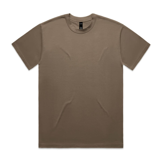 A heavy tee shirt in a muted brown colour with a smooth finish and a simple design. It features a logo on the label.