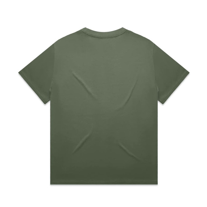An olive green t-shirt with a plain back, featuring a logo or branding.