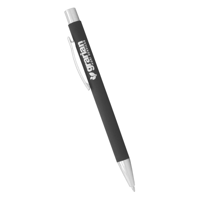A black pen with a sleek design and a silver clip, featuring a branding logo.