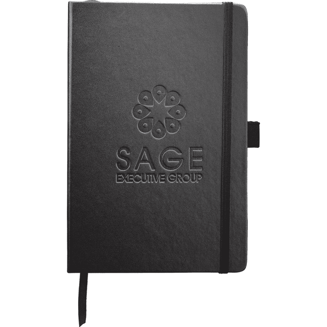A black journal featuring an embossed logo and an elastic band closure, part of a promotional gift set.