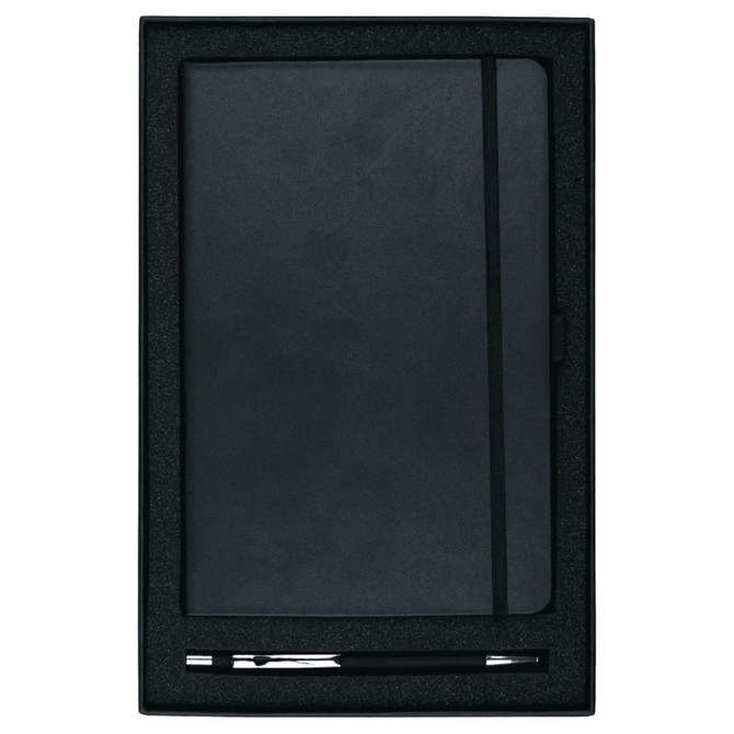 A black gift set featuring a JB1008 Nova journal and a 6018 Gorcia pen, presented in a stylish box.