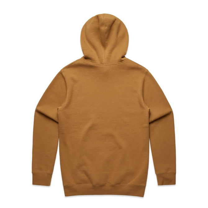 A brown jumper with a hood, featuring long sleeves and a plain back. It has a logo on it.