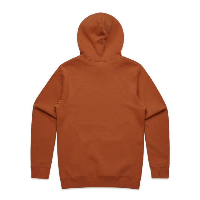 A brown hoodie featuring a back view with a hood, made from a soft fabric. It includes a logo on the back.