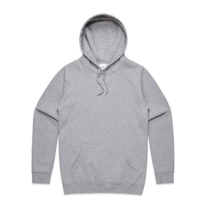 A grey hoodie with a drawstring hood and a front pocket, featuring branding.